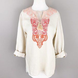 Symple Linen Embroidered Khaki Tunic Top Small